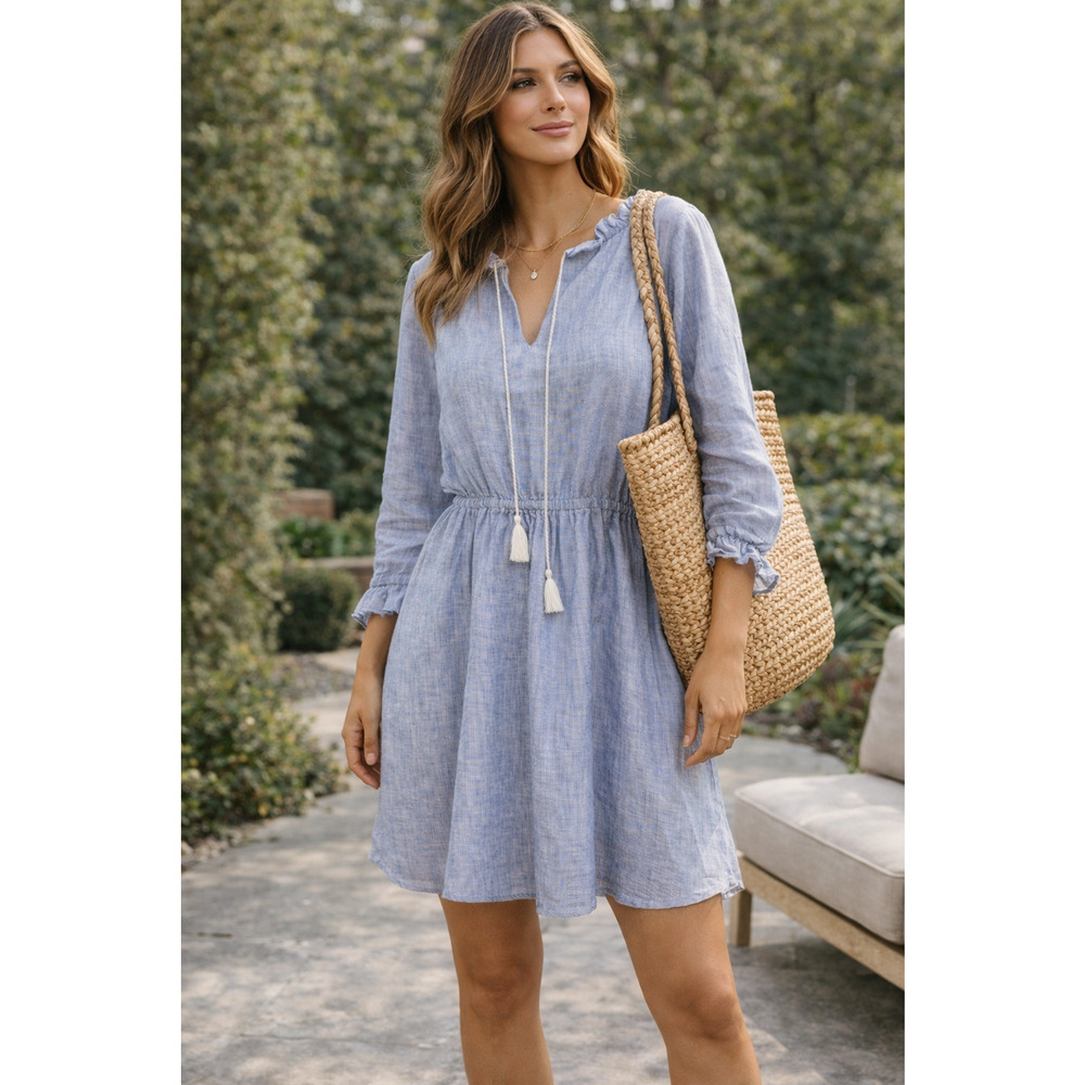 French Curve Linen ruffle V neck Dress Pinstripe Nautical Blue beach lace Sz-M